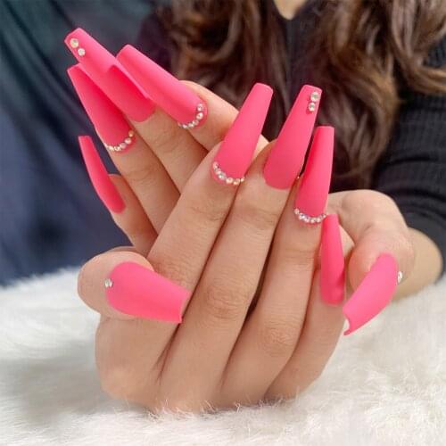 24pcs Fake Nails With Glue Crescents Rhinestone Pink Type Long Paragraph Fashion Manicure Patch False Nails Press On Coffin DL