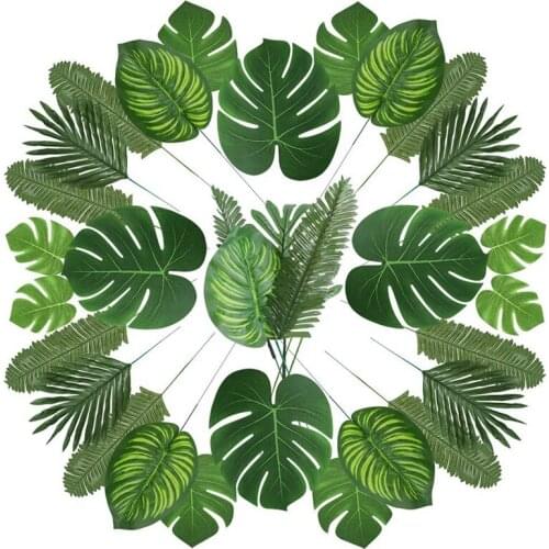90 Artificial Palm Leaves with Stem for Tropical Party Decoration Aloha Jungle Beach Anniversary Palm Leaves