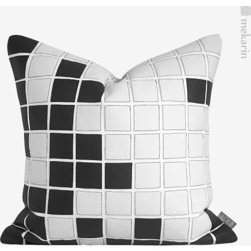Designer leather model room pillow, black and white artistic geometric square pillow, living room square pillow home decor