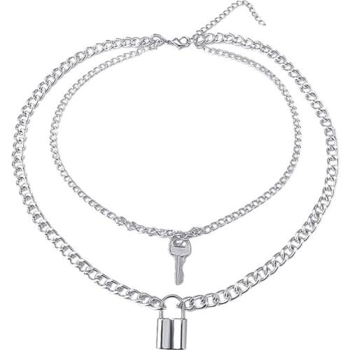 Double Layer Stainless Steel Key Lock Necklaces For Women Men Padlock Pendant Necklace Male Female Goth Jewelry Accessories