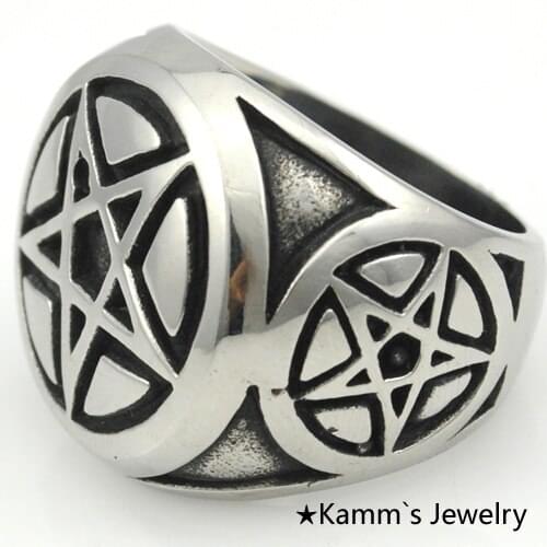 AMUMIU Pentagram Stars Big Finger Round Casting Stainless Steel Ring KR303