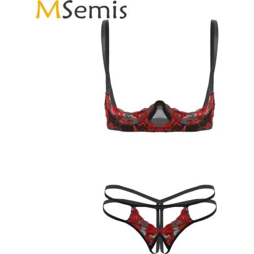 Erotic Womens Embroidery Lace Lingerie Set Sexy Cupless Bare Bra with Open Crotch String Panties Lenceria Micro Bikini Underwear