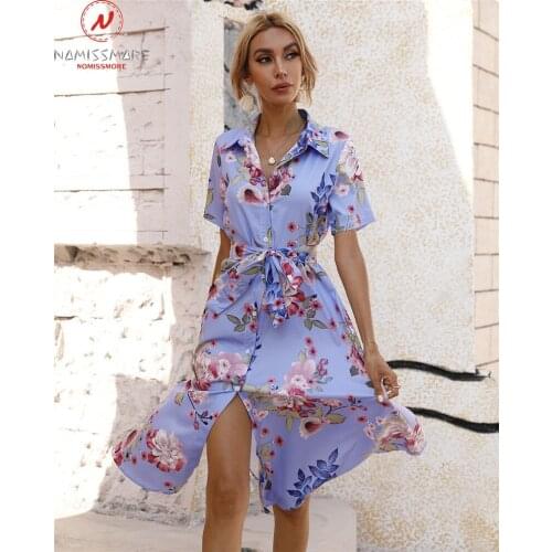 Fashion Women Sumemr Print A-Line Dress Single-Breasted Design Bandage Decor Turn-down Collar Short Sleeve Mid Waist Slim Dress
