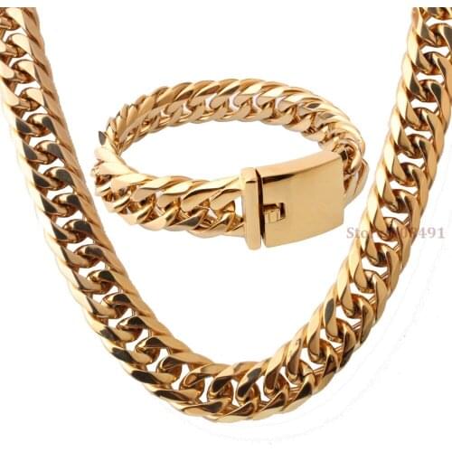 Fashion Jewelry Mens HIp Hop Style Gold Tone Stainless Steel Heavy Wide Curb Link Chain Bracelet Necklace Set 16mm8.66"+24"