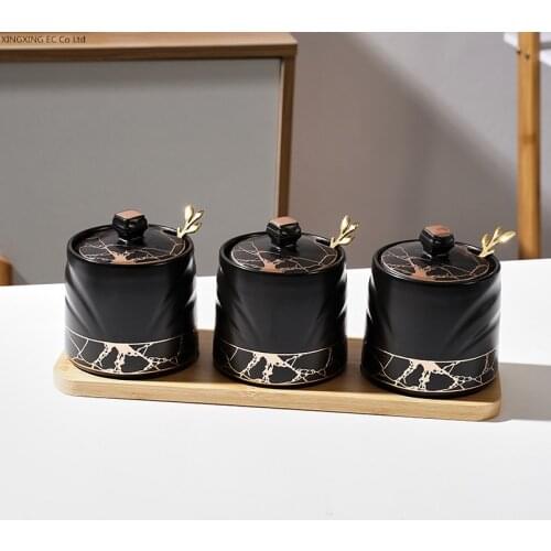 Marble Ceramic Storage Jar Glass Container Sugar Bowl Household with Lid Seasoning Box Salt Shaker Kitchen Supplies Wooden Tray