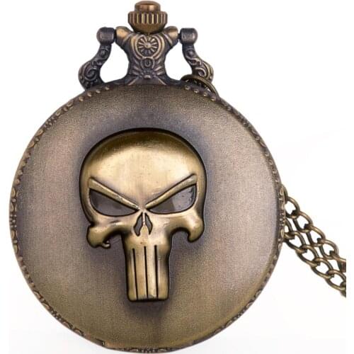 Hot Saling Anime Punisher Skull Quartz Pocket Watches Necklace For Men Women Antique Bronze With Fob Chain Watch Gifts