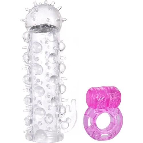 Male Reusable Condom Penis Extender Extension Enhancer Girth Length Crystal Penis Sleeve with Vibrating Ring Sex Toys for Man