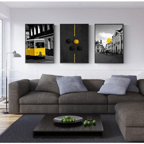 Nordic Style Print City Landscape Wall Art Canvas Painting Black Yellow Train Umbrella Balloon Poster Picture for Living Room