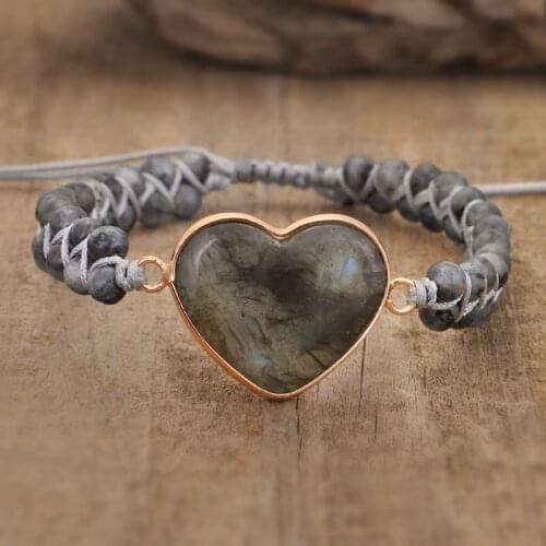 Natural Labradorite Heart Charm Bracelets Women Man Handmade String Braided Warp Yoga Charm Boho Friendship Bracelet Bangle