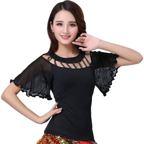 2020 New Dance Shirt Women Latin Modern Ballroom Dance Costumes Elegant Stage Short Sleeve Festival Rave Wear Dance Tops L-4XL