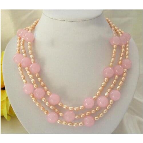 New Arriver Stunning Pearl Jewellery,3 Rows 7mm Pink Freshwater Pearl,14mm Pink Jades Jewellery Necklace For Women Gift