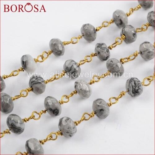 BOROSA Wholesale Roundel Leopard Skin Stone Faceted Beads Wire Wrapped Rosary Chains for Fashion Jewelry Making JT180