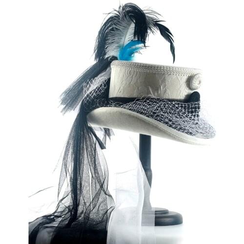 4 Size White Wool Women Bride Handwork Fedora Hat Lady Mesh Steampunk Beaver Feather Party Wedding Top Hat 15CM