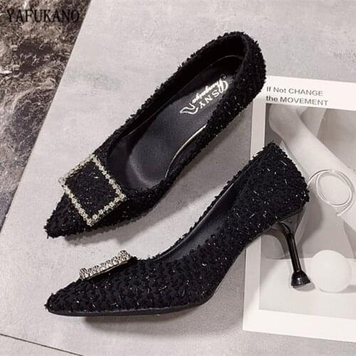 Women Pumps 2020 Spring New Fine-heeled Pointed Toe High Heels Fashion Square Buckle Office Shoes 7cm Comfortable Single Shoes