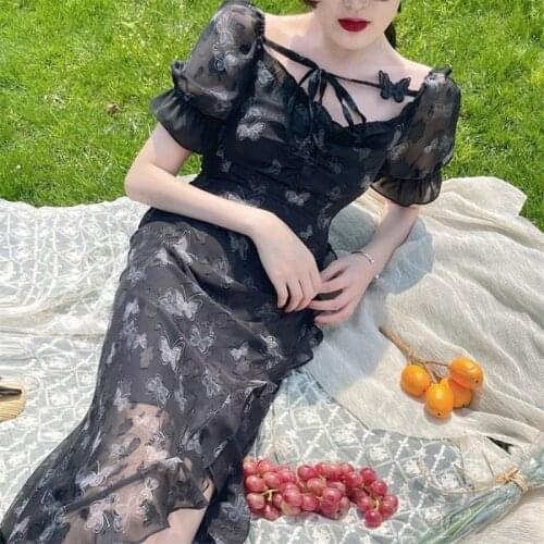 Vintage Bodycon Sexy Midi Dress Women French Elegant Hepburn Black Evening Dresses Korean Irregular Design Y2k Split Dress 2021