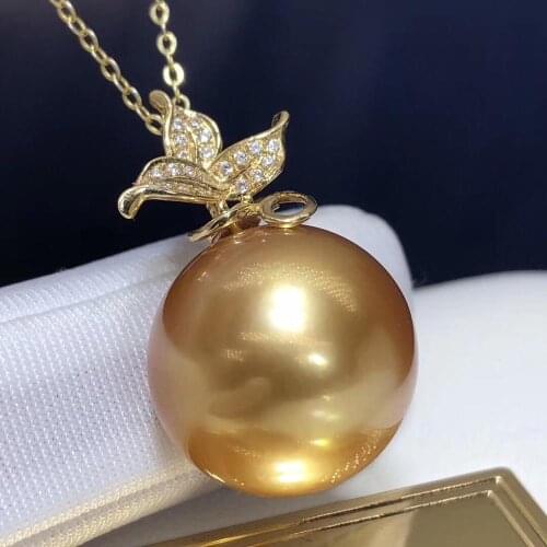 Fine Jewelry 18K Yellow Gold Natural Ocean Golden Pearl 14-15mm Pendant Necklaces for Women FIne Pearls Pendants