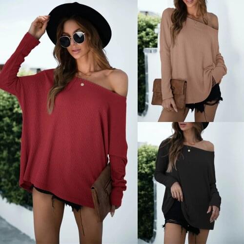 Women T-Shirts Autumn 2021 Sexy Off The Shoulder Solid Color Full Sleeve Rip Striped Knitted Winter Casual Female Blouse C2876
