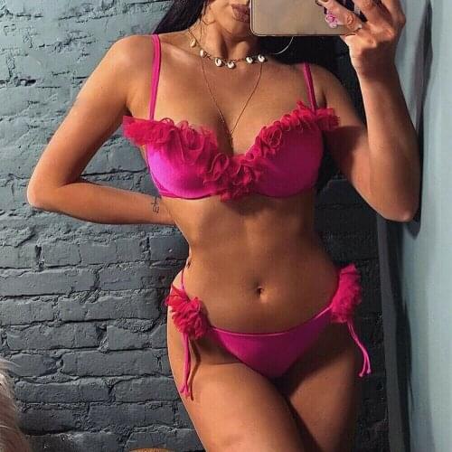 Womens Bikini Set Thick Bra Chiffon Flower Lady Tube Top Swimsuit Swimsuit Beach Swimsuit