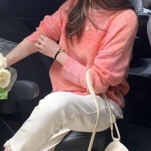 LMQ NEW Gentle Colors Gradient Rainbow Contrast Round Neck Sweater Women 2021 Spring Korean Loose Knitted Pullover Lazy Wind Top