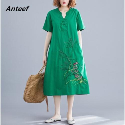 Short sleeve cotton linen vintage floral dresses for women casual loose long woman summer dress elegant clothes 2021