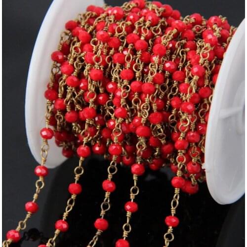 5Meter Red Glass Crystal Faceted Rondelle Chains,Brass Plated Wire Wrapped Rosary Chain small loop necklace Jewelry Findings
