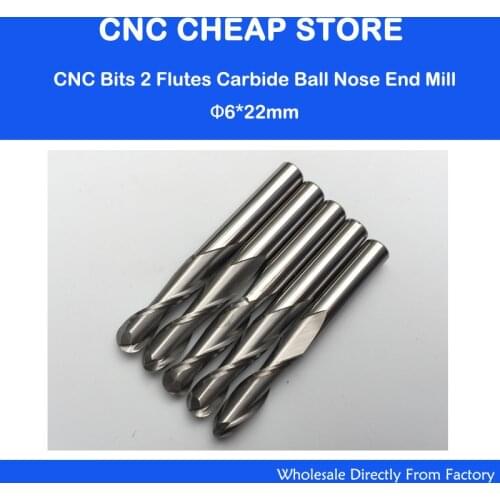 5pcs/lot 6x22mm 2 Flutes Ball Nosed End Mill, CNC Router Bits, Milling Cutters, Solid Carbide, Cutting Tools