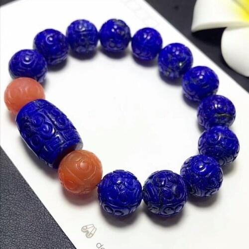 Genuine Natural Lapis Lazuli Royal Blue Stone Craved 14mm Round Barrel Beads Women Man Stretch Bracelet AAAAA Certificate