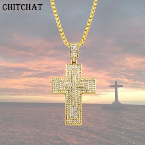 Cross Full Rhinestone Iced out Pendants Necklaces Three-layer Crucifix Christian Jewelry For Men Rocker Gift