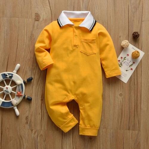 Gentleman Style Newborn Baby Boys Rompers Playsuits Polo Neck Long Sleeve Pure Color Baby Growing Overall Infant Toddler Clothes
