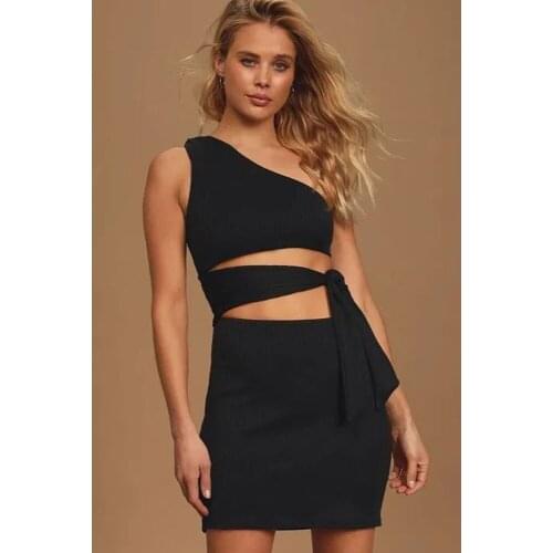 Summer Fashion Sexy Womens Wear Black Single Shoulder Sleeve Belt Mini Short Dress