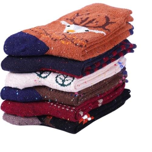 Womens Socks Mid Tube Cartoon Animals Fox Elk Wolf Owl Pattern Soft Warm Winter Wool Socks Size EU 35-40