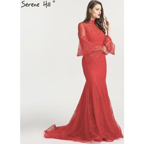 Muslim Long Sleeve Turkish Red Lace Mermaid Formal Evening Party Prom Gown Elegant Robe De Soiree Dubai Kaftan Dresses BLA6555