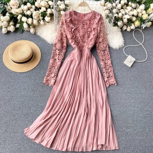 SINGREINY Women French Pleated Dress Sweet Patchwork Hollow Lace Long Sleeve A-line Dress Spring Chic Streetwear Midi Dresses
