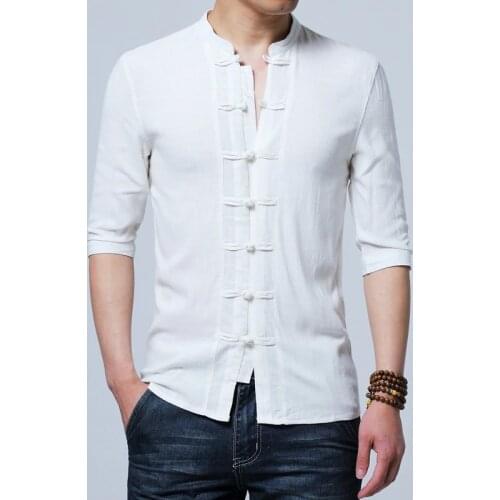 2021 Summer Chinese Style Shirt Men Solid Casual Button Cotton Linen Stand Collar Streetwear Shirts Half Sleeve Men Tops KK3424