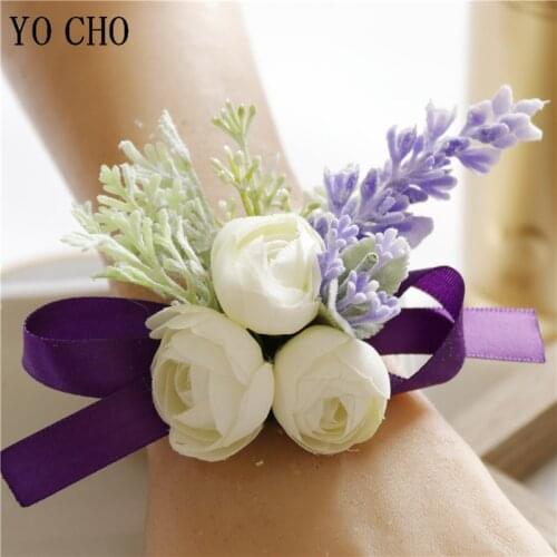 YO CHO Wedding Wrist Corsage Bracelet Flowers Boutonniere Artificial Roses Pins White Groom Buttonhole Marriage Men Accessories