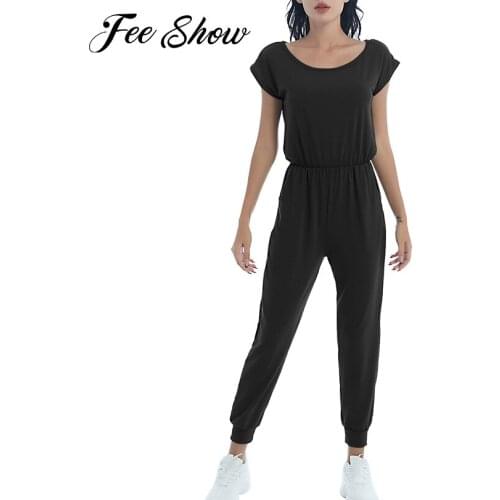 Women Fashion One-piece Sportswear Summer Casual Jumpsuit Gymnastics Dancewear Round Neck Elastic Waist Pants Jumpsuits Bodysuit