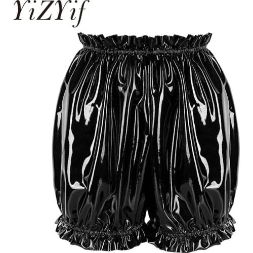 YiZYiF Women Latex Rubber Bloomers Lingerie Wet Look Patent Leather Hem Ruffled Elastic Waistband Boxer Briefs Underwear Panties