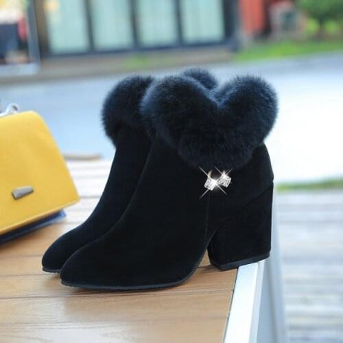 Womens Large Short Boots Autumn and Winter New Fashion Martin Boots High Heel Thick Heeled Rabbit Hair Womens Boots