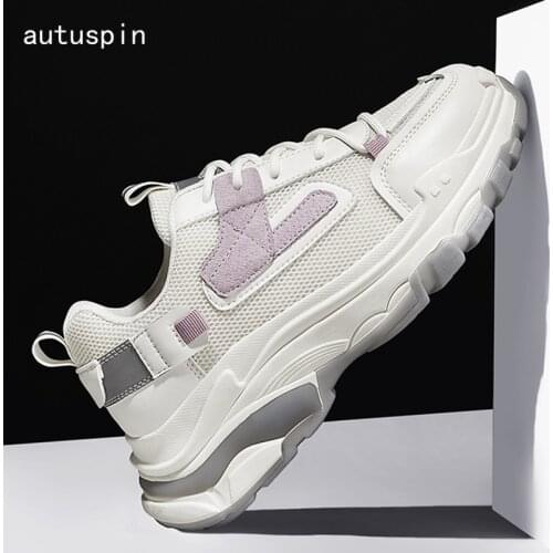 Autuspin New Genuine Leather Shoes for Women Breathable Mesh Casual Sneakers Winter Autumn Mixed Colors Platform Sports Shoes