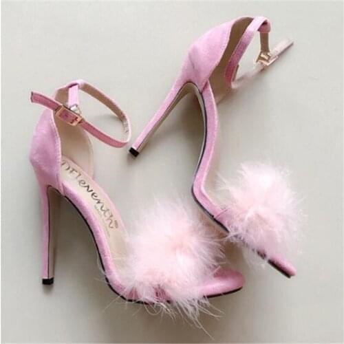 Woman Summer New Mules Slippers Feather Flock Transparent High Heels Fur Sandals Peep Toe Spike Heel Ladies Slides Shoes