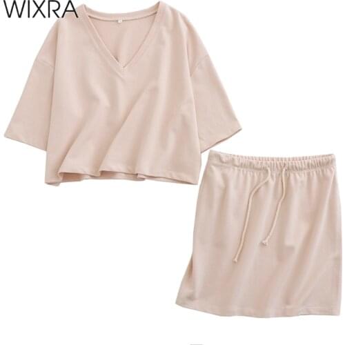 Wixra Women 2 Piece Sets V Neck Short Sleeve T Shirts+Drawstring Mini Skirts High Street Casual Suits Summer
