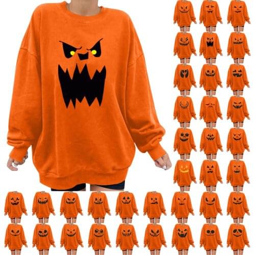 Women Halloween Sweatshirt Pumpkin Face Print Ladies Sweatshirts O-Neck Casual Fall Winter Long Sleeve Pullovers Tops Moletom G4