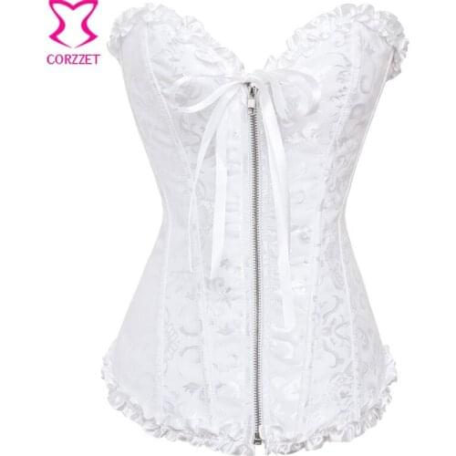 Zipper Front Jacquard Overbust Corset White Bridal Sexy Lingerie Korse Gotico Espartilhos E Corpetes Women Corsets and Bustiers