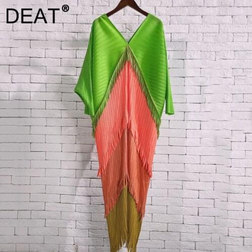DEAT Woman Mermaid Dress Hit Color Tassel Batwing Sleeeve Elastic Waist Loose Casual Style Multi-layer 2021 New Summer 15XM540