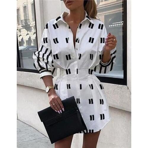 Summer Autumn Women Fashion White V Neck Long Sleeve Button Down Oversize Top Shirt Casual Print Slim Mini Dress