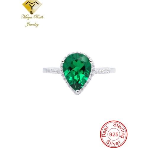 Created Emerald Real Echt 925 Sterling Silver Party Ring For Women Pear Drop Shape Imitation Green Gemstone Cute Female Gifts