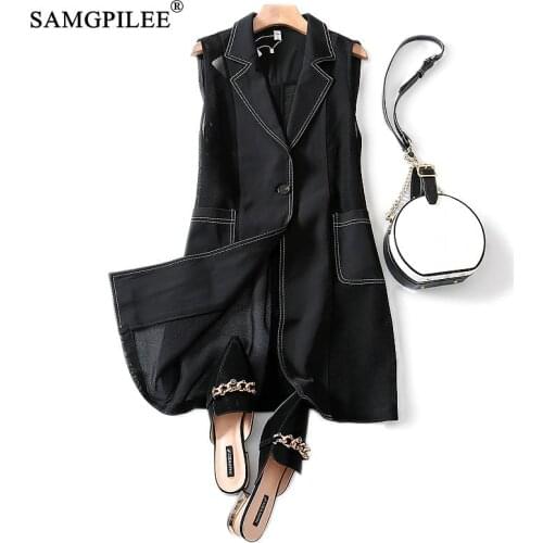 Black Vest Women Veste Femme Printemps 2020 Casual Long Vest Women Solid Turn-down Collar Single Button Vest For Women 3xl