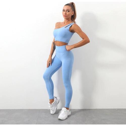 Sexy Crop Top High Waist Long Pants Fitness Yoga Set 2PCS Solid Casual Sport Clothes Workout Tracksuits One Shoulder Tank Top
