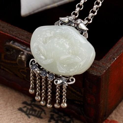 2018 Rushed New S925 Pure Antique Mosaic And Tian Yu Magpie Lotus Flower Tassel Sweater Chain Pendant Wholesale