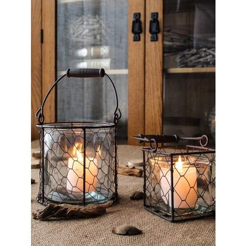 Nordic Wrought Iron Flower Vase Antique Home Decor Christmas Metal Lantern Candle Holder Hollow Glass Candlestick Figurines Gift